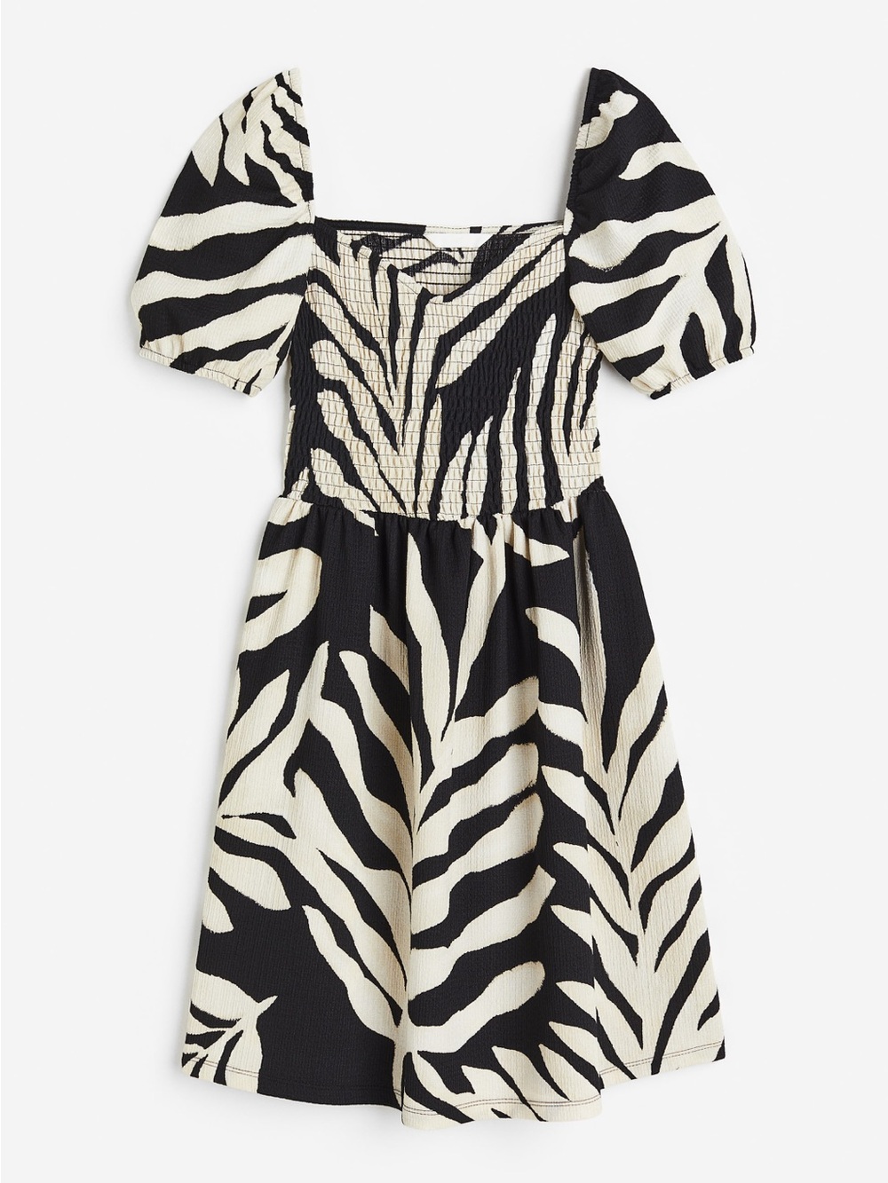 H&M Black and Cream Zebra-Print Mini Dress with Puff Sleeves - Picture 1 of 5